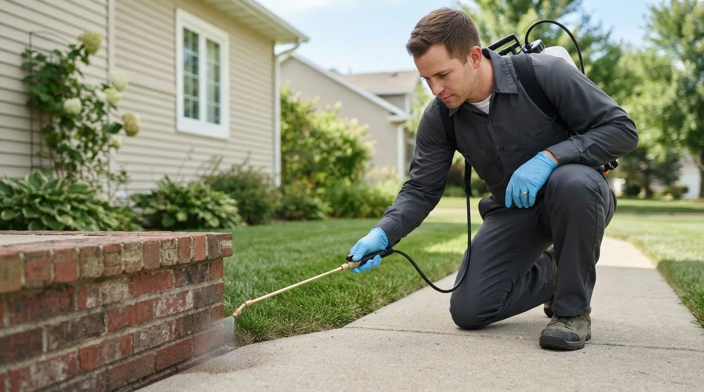 Pest control technician treating a home near Crawfordsville, AR